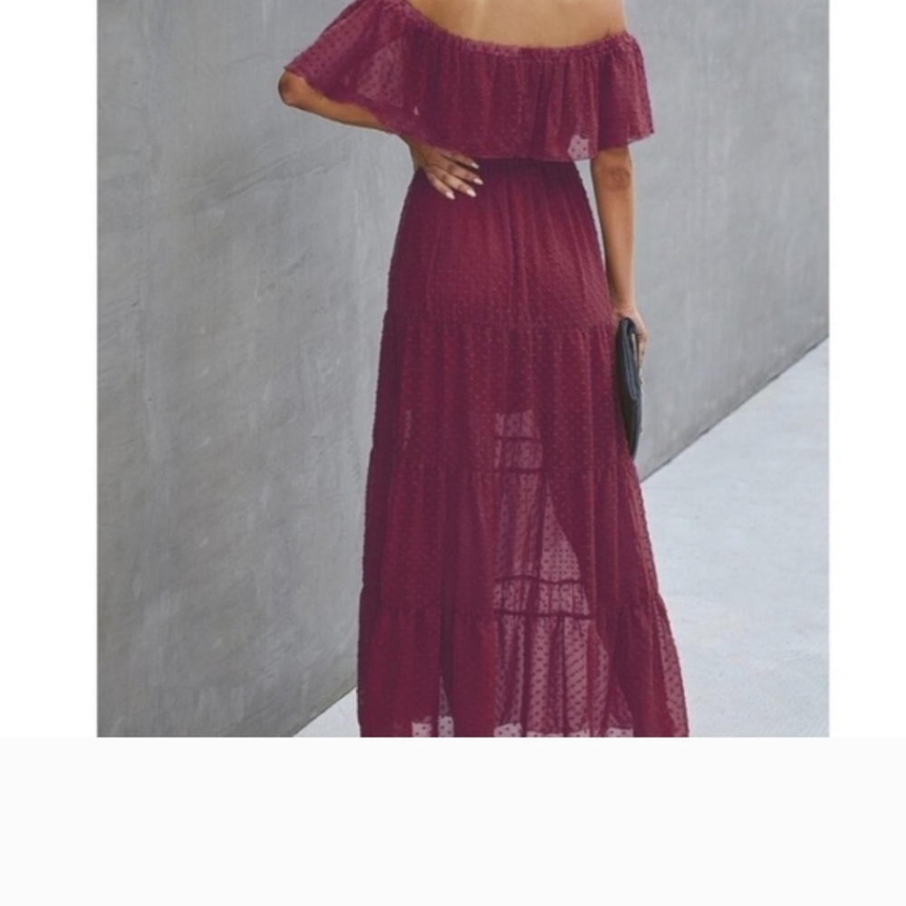 Burgandy Summer Off-Shoulder Maxi Dress Sheer - Picture 8 of 11
